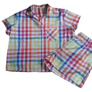 Peyton & Parker Teen Pajama Set Shorts Top LIghtweight Relaxed Plaid Rainbow XXL